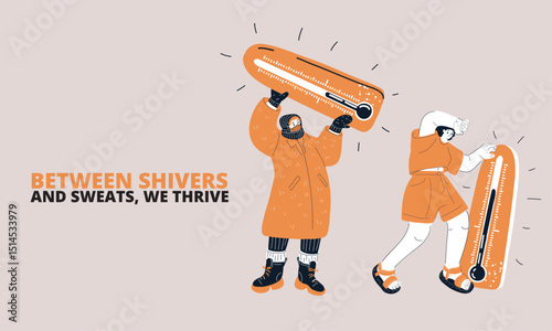 Vector illustration of a woman experiencing hot and cold temperatures, symbolizing seasonal adaptation and climate challenges