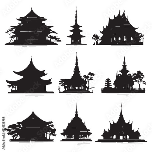 Buddhist temple silhouette set