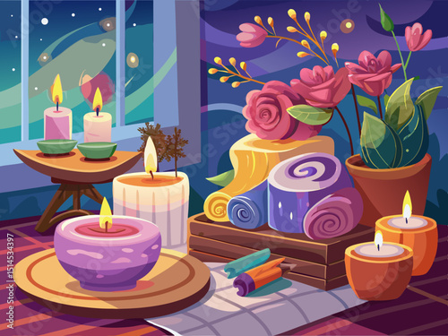 vector of Images of candles and scented towels in the bathroom. Romantic...