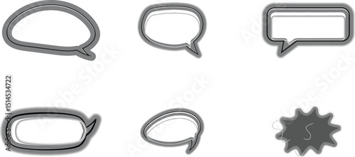 A collection of six different speech bubble shapes and one starburst shape, all in shades of gray