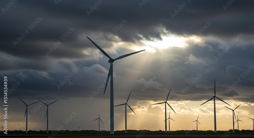 Fototapeta premium This stunning scene portrays the future of energy with a wind farm's turbines, set against a powerfully contrasting sky of dark clouds and brilliant sun rays.