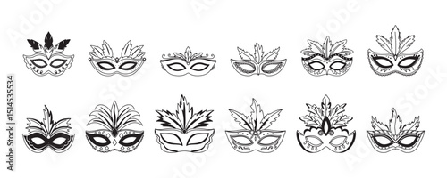 Black masquerade masks with feathers icons, for Halloween party, parade and carnival, for Mardi Gras celebration. Set of carnival masks silhouettes. Eye mask can be used as isolated sign or symbol.