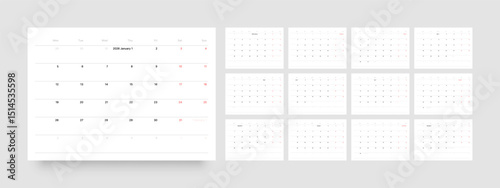 Monthly calendar layout for 2026 year. Minimalistic Diary planner for 2026 year. Week Starts on Monday. 