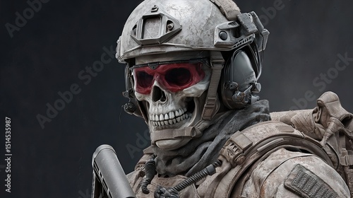 A futuristic soldier in tactical gear dons a menacing skull mask, merging deathly imagery with advanced technology.
