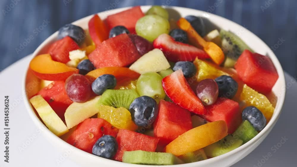 bowl of fresh fruit salad rotating on blue background, food closeup, healthy eating bowl of fresh fruit salad rotating on blue background, food closeup, healthy eating