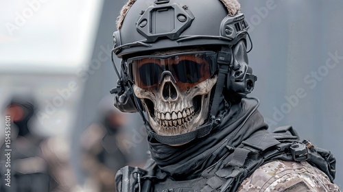 A futuristic soldier in tactical gear dons a menacing skull mask, merging deathly imagery with advanced technology.
