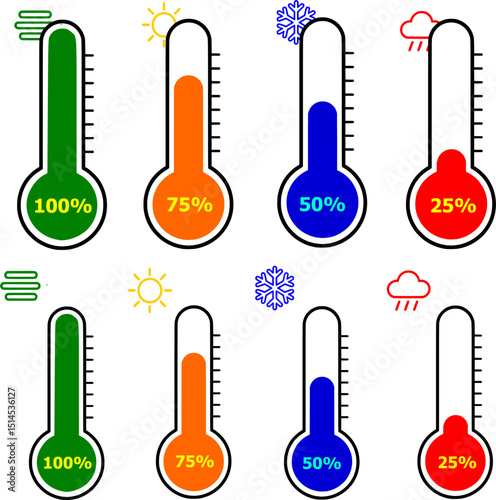 Colorful Thermometer Vector Set Showing Temperature and Weather Levels with Percentage Indicators