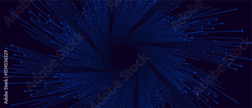 Blue lines radiate from central dark octagon on dark backdrop