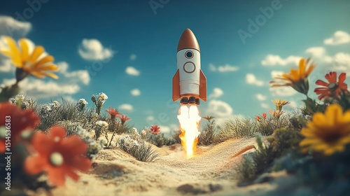 Rocket launching from a flower-filled field