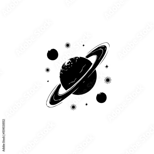 Simple minimalist black and white drawing of Saturn and stars in space design