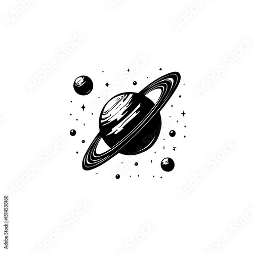 Black and white illustration of Saturn planet with rings and star patterns