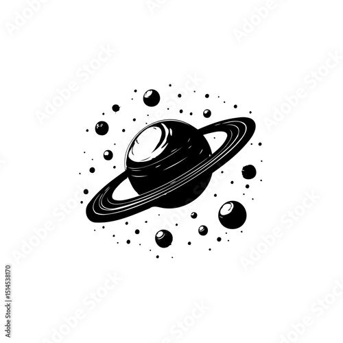 Monochrome saturn illustration amidst celestial orbs against stark white background