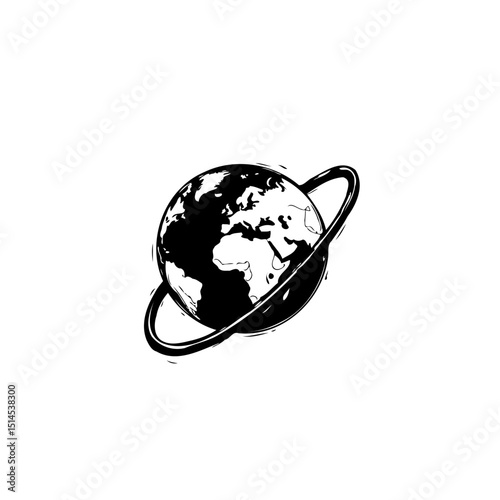 Stylized globe with orbital ring, earth illustration in black and white design