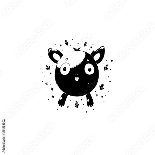 Whimsical black and white cartoon creature radiating charm and artistic simplicity