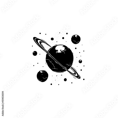 Minimalist Black and White Planet Illustration with Rings and Satellite Orbits