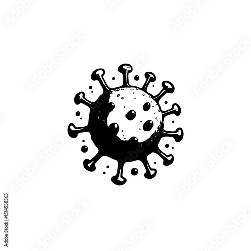 Detailed depiction of a coronavirus cell, portrayed in a vintage-inspired black and white style