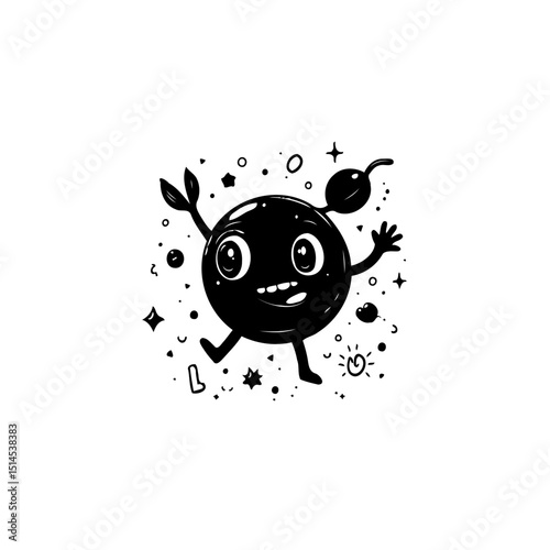 Whimsical Doodle Character: A Cheerful Black and White Illustration Design for Children