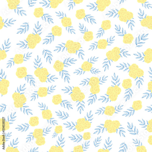 "Elegant seamless pattern with delicate yellow flowers and soft blue leaves — ideal for fabric, packaging, wallpaper, and modern design projects."