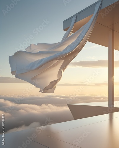 A Pristine White Fabric Billows Gracefully Above the Clouds: Architectural Morning View