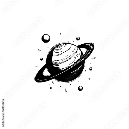 Saturn's Dance: A Black and White Ink Drawing of the Ringed Planet and Satellites