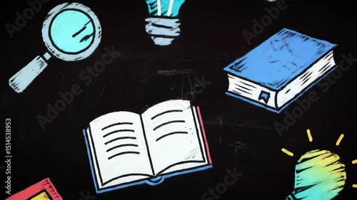 A black background is covered by animated, hand-drawn education symbols such as books, light bulbs, and science tools randomly moving.