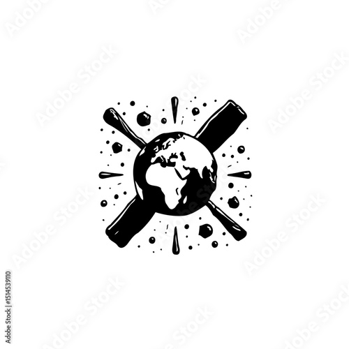 Black and white illustration of a globe with oars, symbolizing global voyages