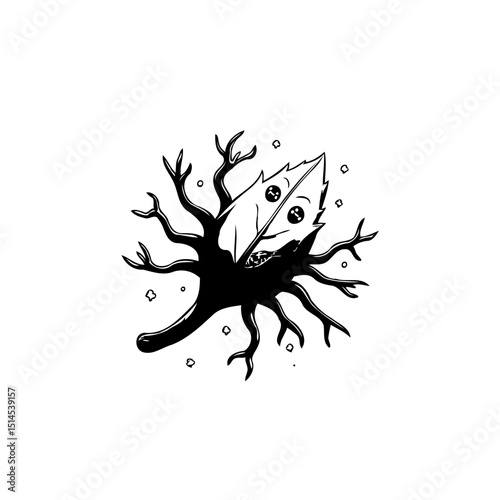 Whimsical Leaf Character with Spooky Tree Roots in Black and White Illustration