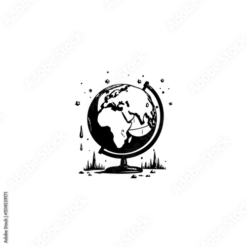 Stylized black and white globe illustration representing global themes and geography