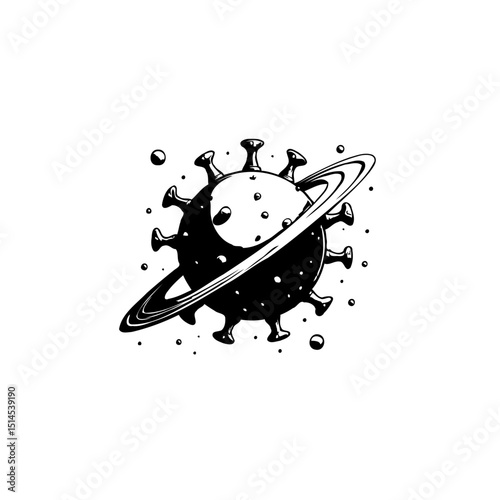 Artistic representation of a virus resembling a planet with orbiting rings graphic