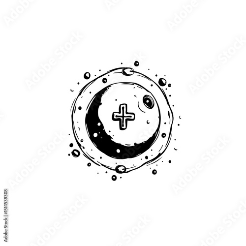 Conceptual Black and White Illustration of a Distorted Planet with Plus Symbol