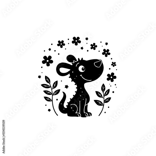 Charming cartoon dog silhouette surrounded by floral elements, ideal for designs