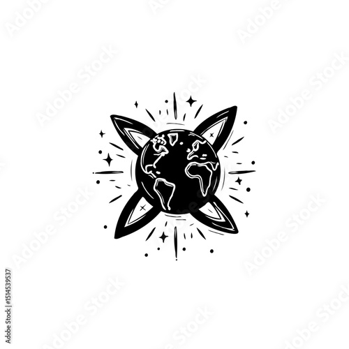 Celestial globe illustration surrounded by Celtic knot emblem radiates cosmic energy