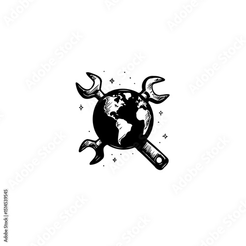 Sketch illustration of globe with wrenches symbolizing global repair and maintenance
