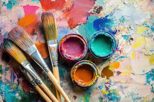Exploring creativity with open paint containers and brushes on a colorful messy palette, Open paint containers with brushes on colorful, messy artists palette photo