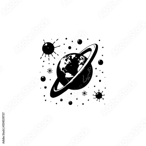 Black and white graphic illustration of a planet with rings in space scene