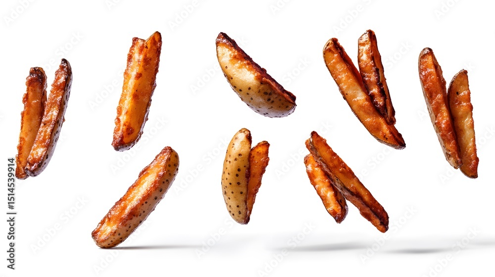 Delicious Crispy Potato Wedges Falling Isolated White Background Delicious Crispy Potato Wedges Falling Isolated White Background