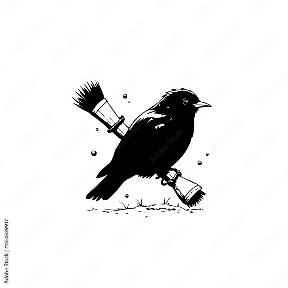 Fototapeta premium Bird perched on crossed paintbrushes in black and white, vector style art