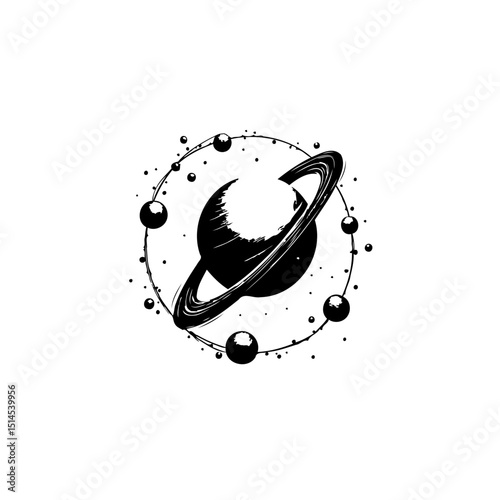Saturn illustration featuring black and white planet with orbital rings, artistic