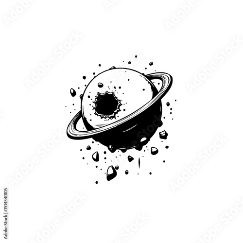 Black and white illustration of a celestial body with rings and crater