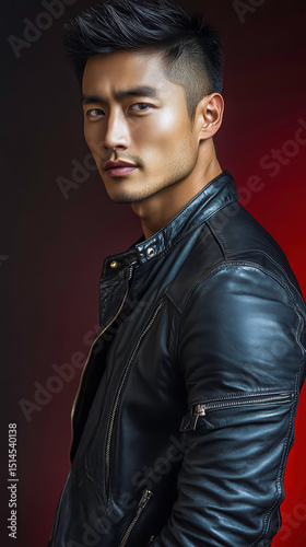 Young Asian Man in Black Leather Jacket with Dramatic Red Studio Lighting