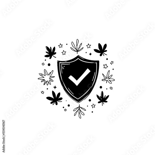 Secure Cannabis: A Shield Symbol Surrounded by Marijuana Leaves and Stars Illustration
