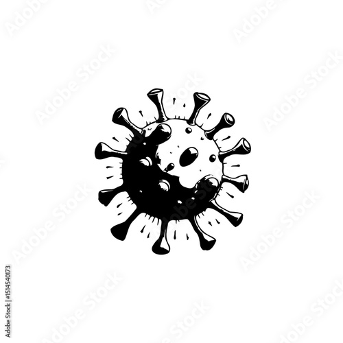 Monochrome illustration of a virus particle representing disease and infection