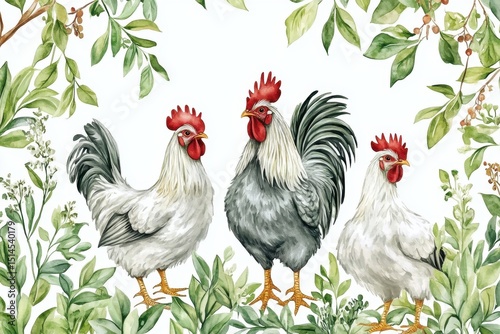 Wallpaper Mural Gray rooster and hens standing among lush green spring foliage in a serene setting, gray rooster and hens on a background of spring greenery Torontodigital.ca