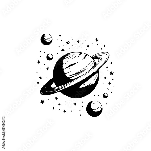 Monochrome illustration of saturn surrounded by moons and stars in space