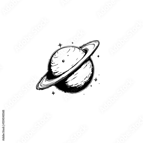 Saturn in Space Hand Drawn Illustration, Celestial Body with Rings and Stars