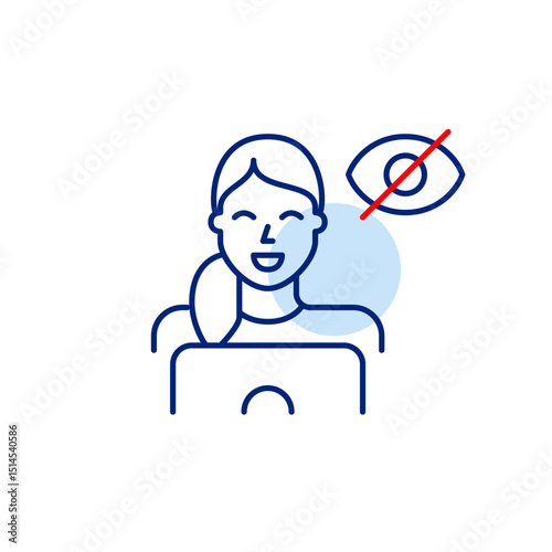 Vector icon of woman in office clothes using laptop with crossed-out eye, symbolizing hidden activity, private work, or invisible online presence. Ideal for business apps, remote work tools, and priva