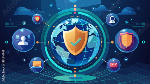 A digital shield made of code and data symbols protects a glowing globe, representing cybersecurity, safe networks, encryption, and the digital defense systems in our interconnected tech world.

