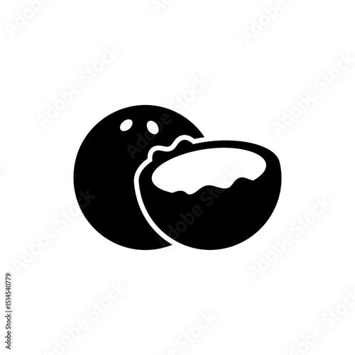 Cracked open coconut half showing white meat isolated on white