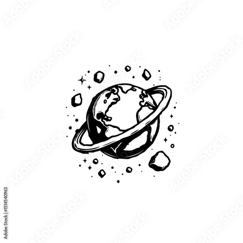 Minimalist depiction of a planet with a ring and celestial bodies in monochrome