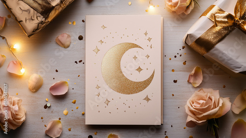 Flat lay of Eid Mubarak greeting card with golden foil accents